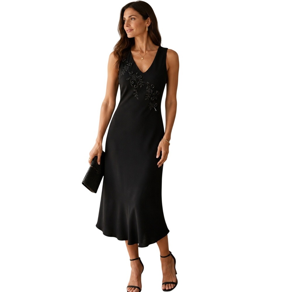 VTG Amanda Smith Black Beaded Embroidered Midi Dress Women 10 Hong Kong Cocktail